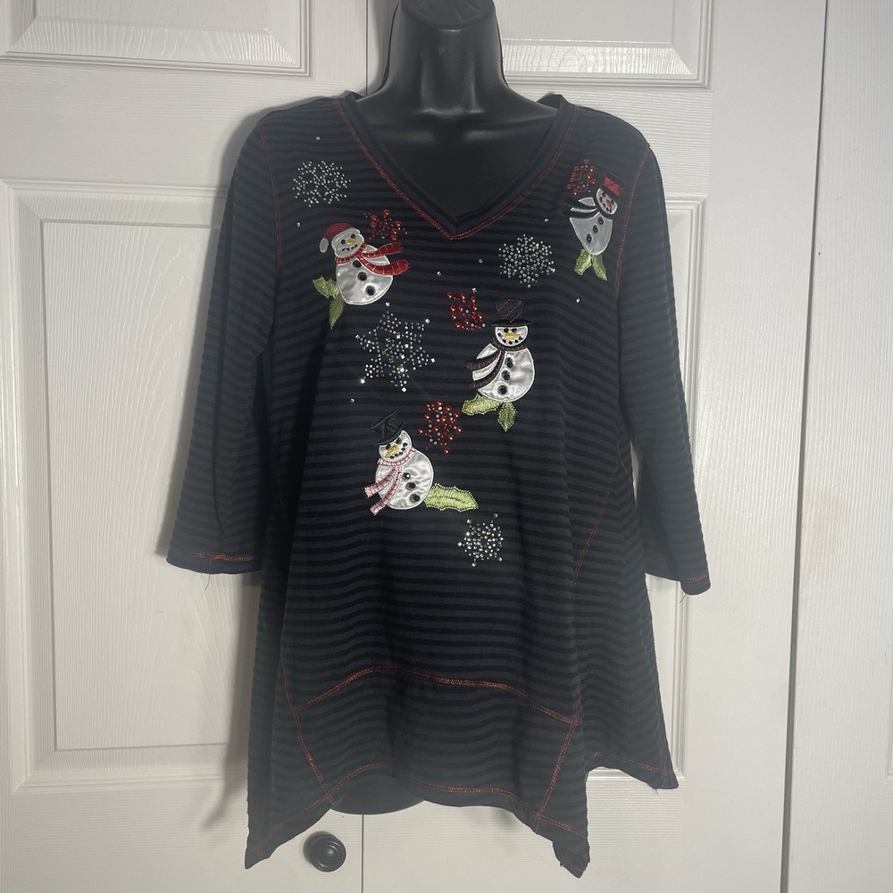 Onque Casual Christmas Shirt Women L Black Striped Rhinestones Snowman Snowflake